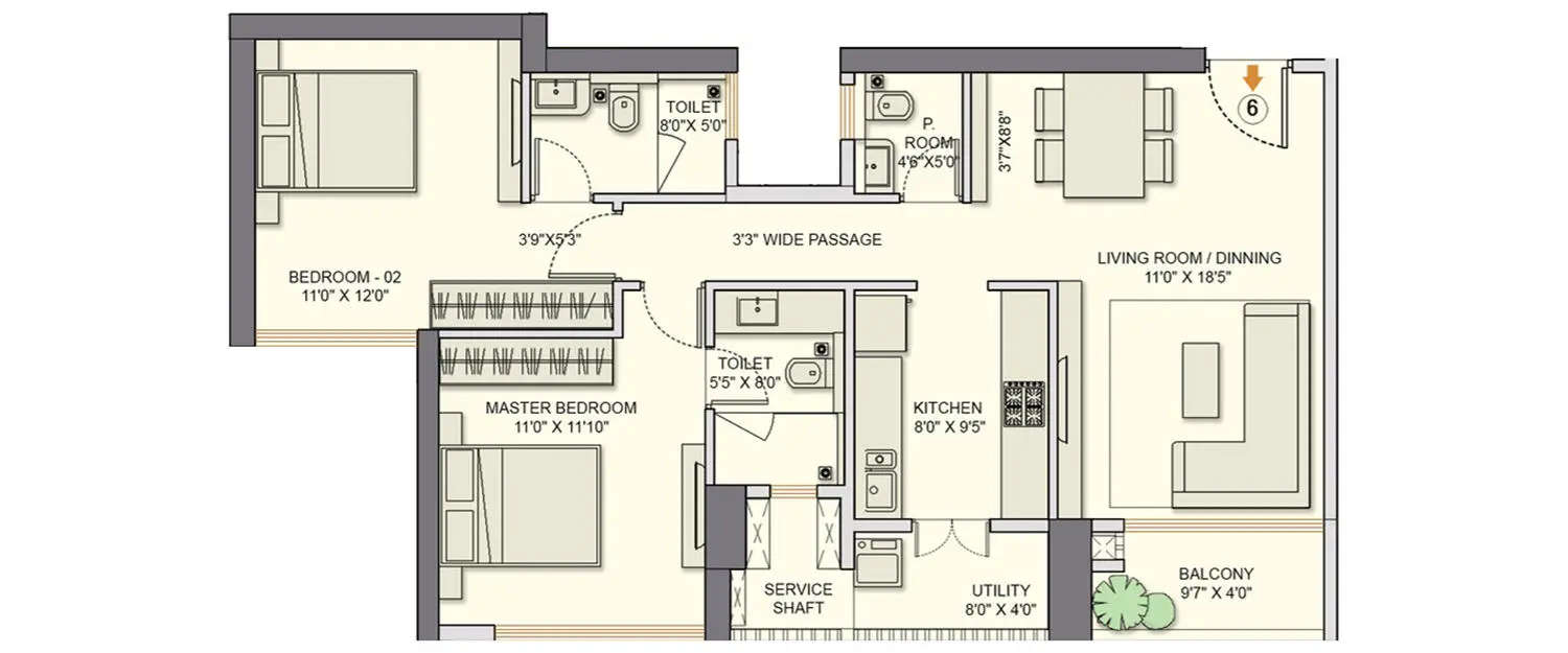 Floor plan for 2 BHK