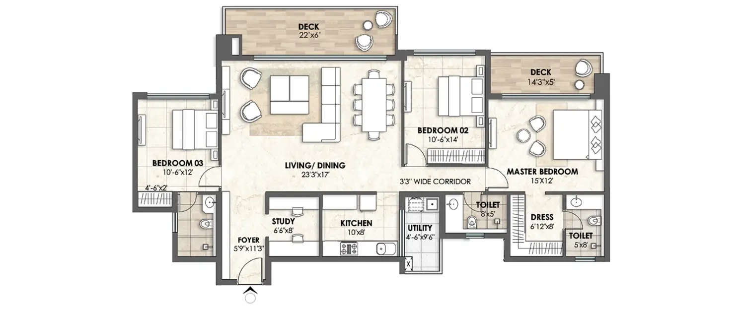 Floor plan for 3 BHK