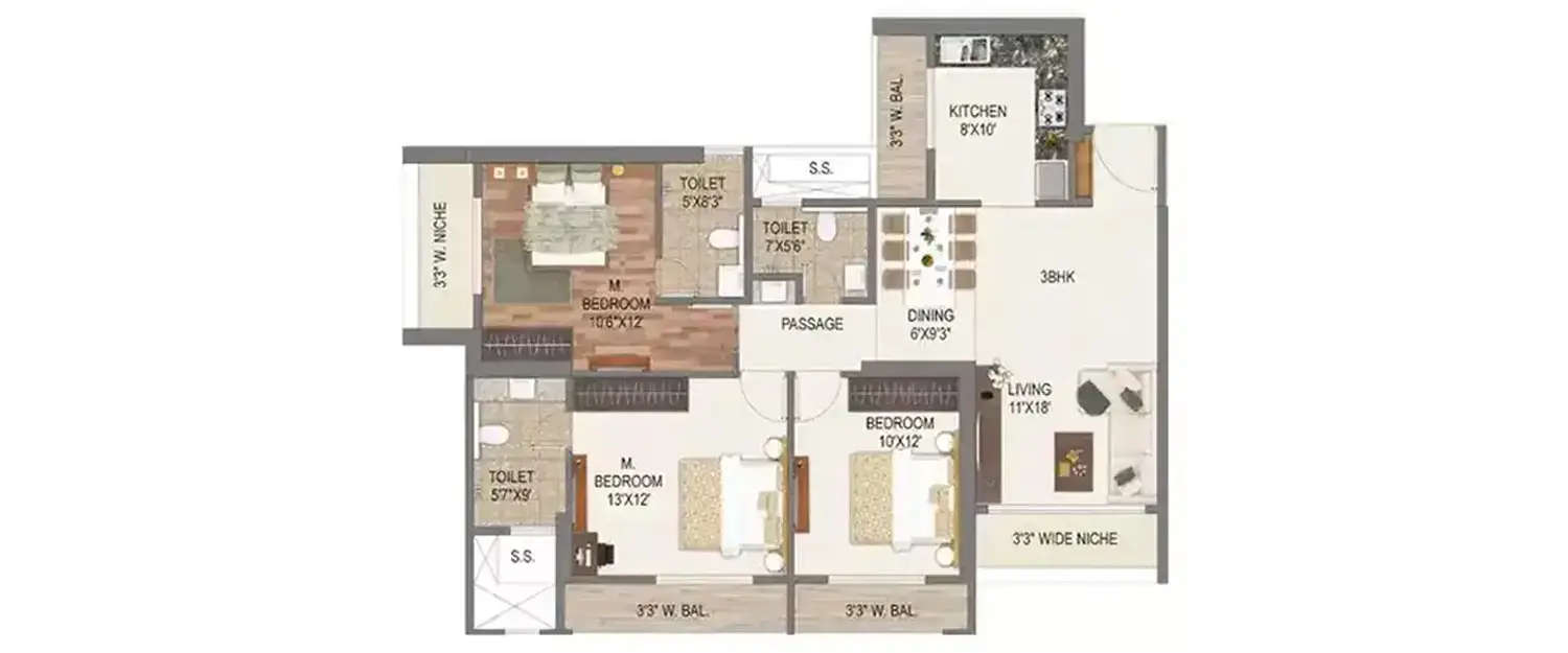 Floor plan for 3 BHK