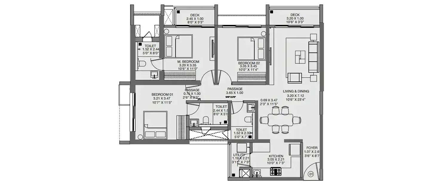 Floor plan for 3 BHK