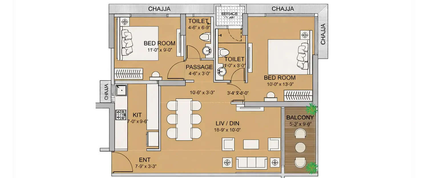 Floor plan for 2 BHK