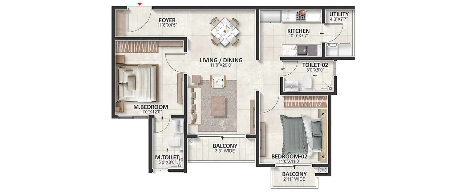 Floor plan for 2 BHK