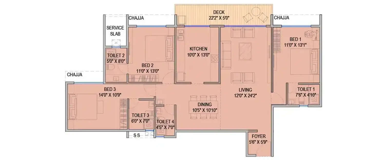 Floor plan for 3 BHK