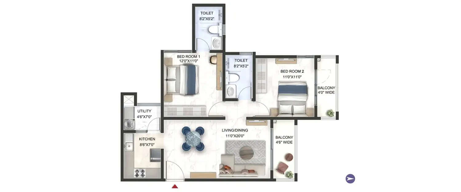 Floor plan for 2 BHK