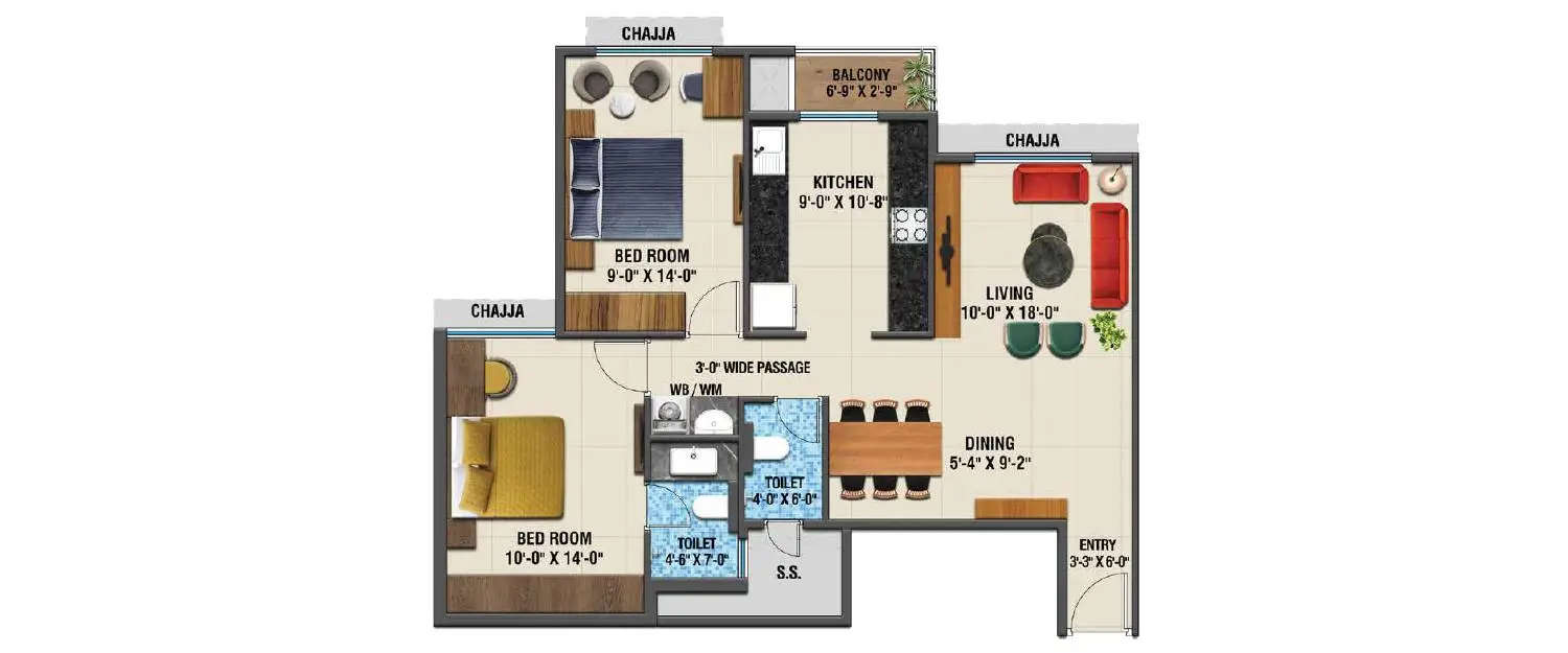 Floor plan for 2 BHK