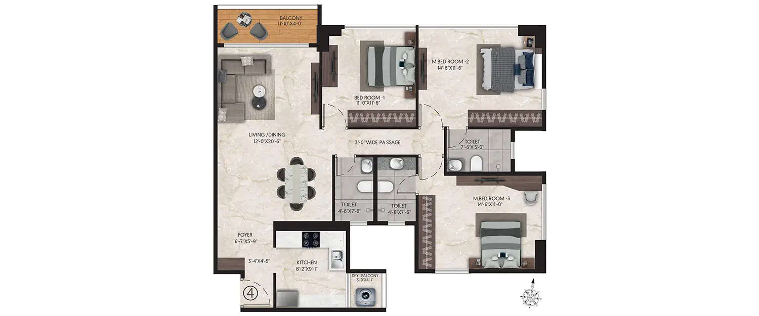 Floor plan for 3 BHK