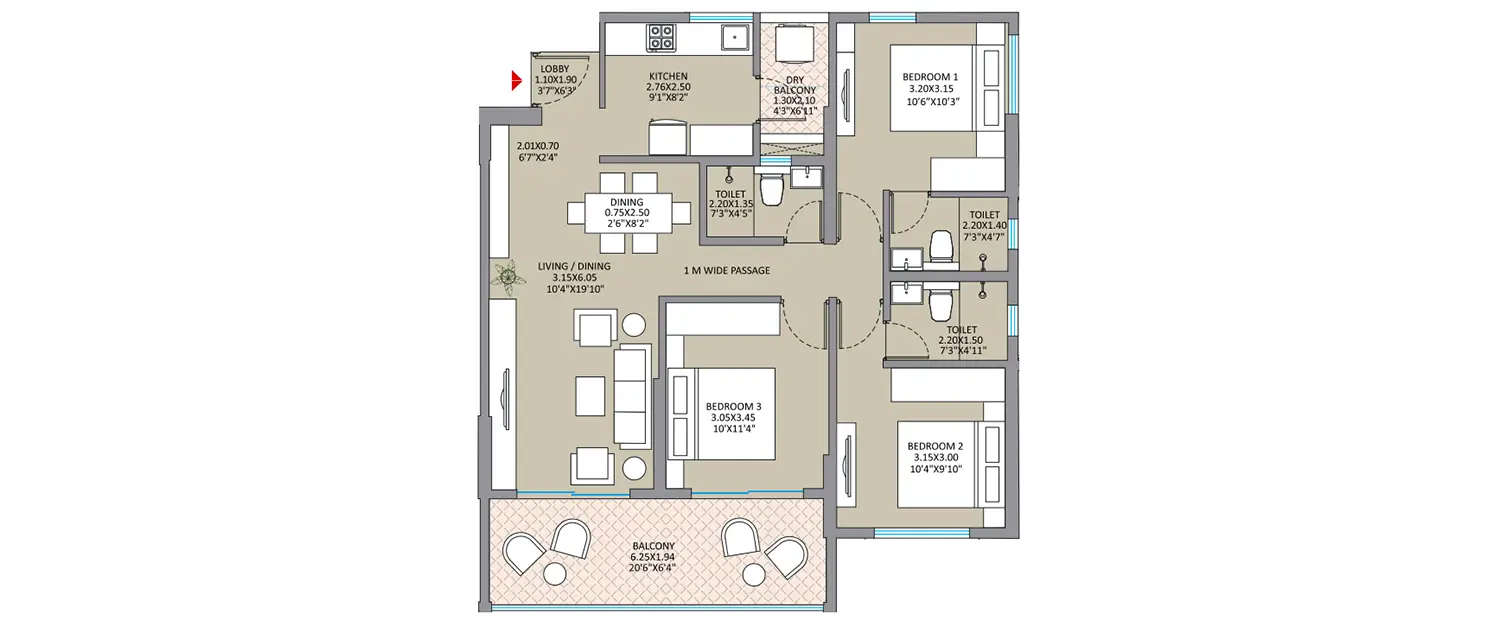 Floor plan for 3 BHK