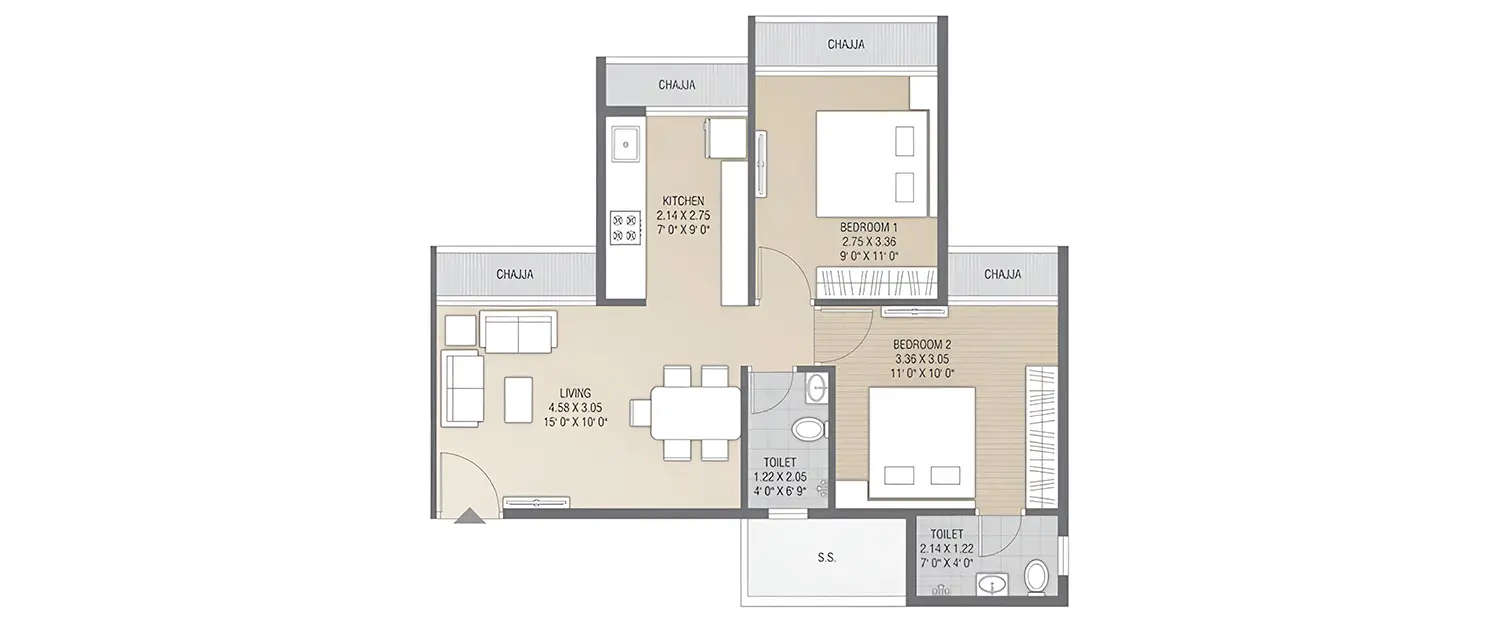 Floor plan for 2 BHK