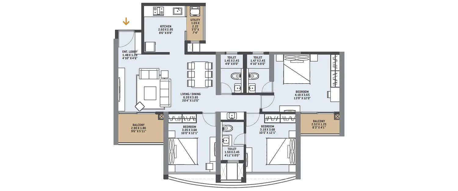 Floor plan for 3 BHK