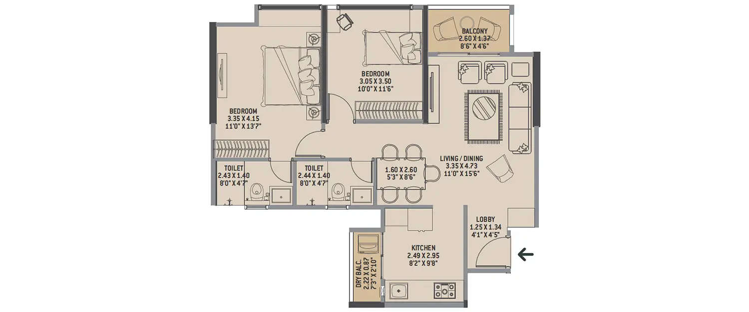 Floor plan for 2 BHK