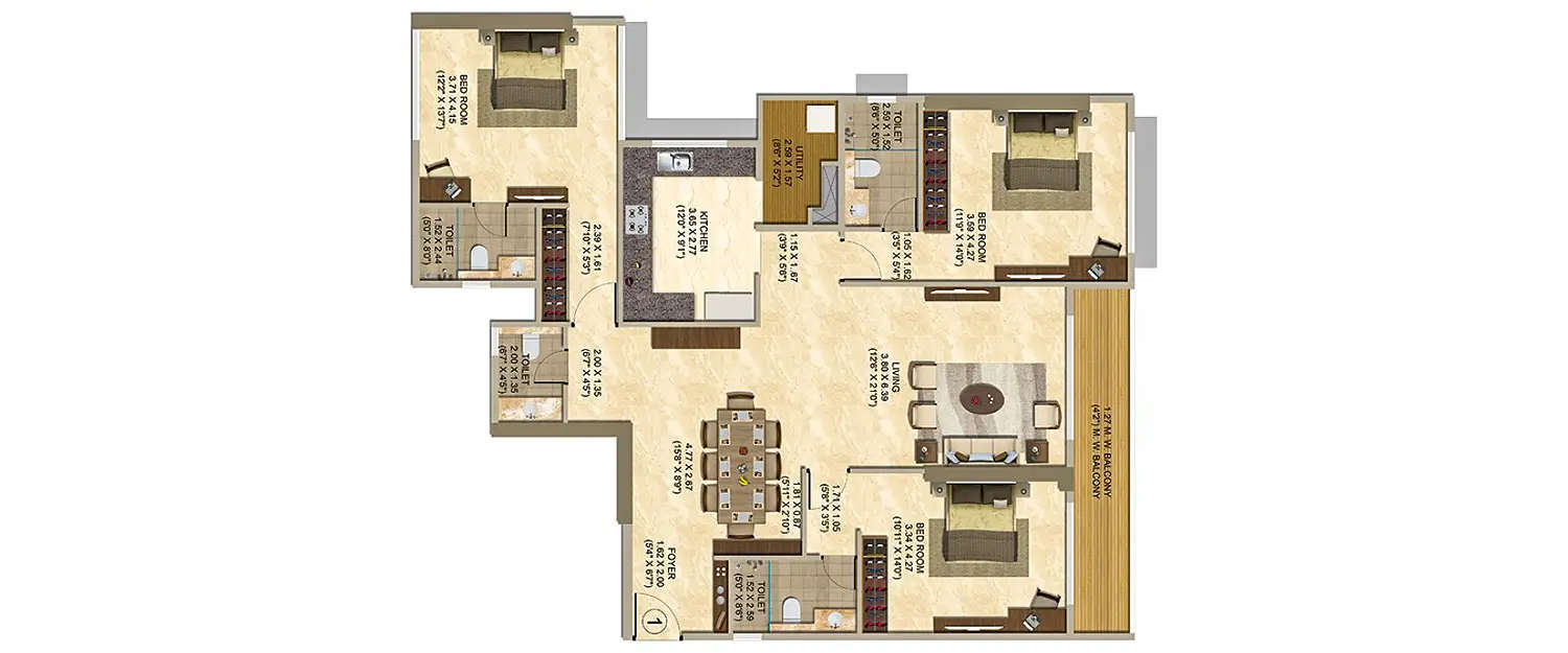 Floor plan for 3 BHK