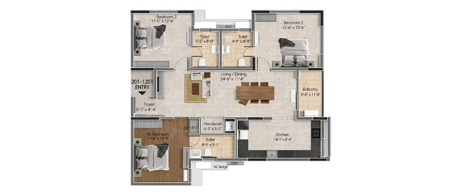 Floor plan for 3 BHK