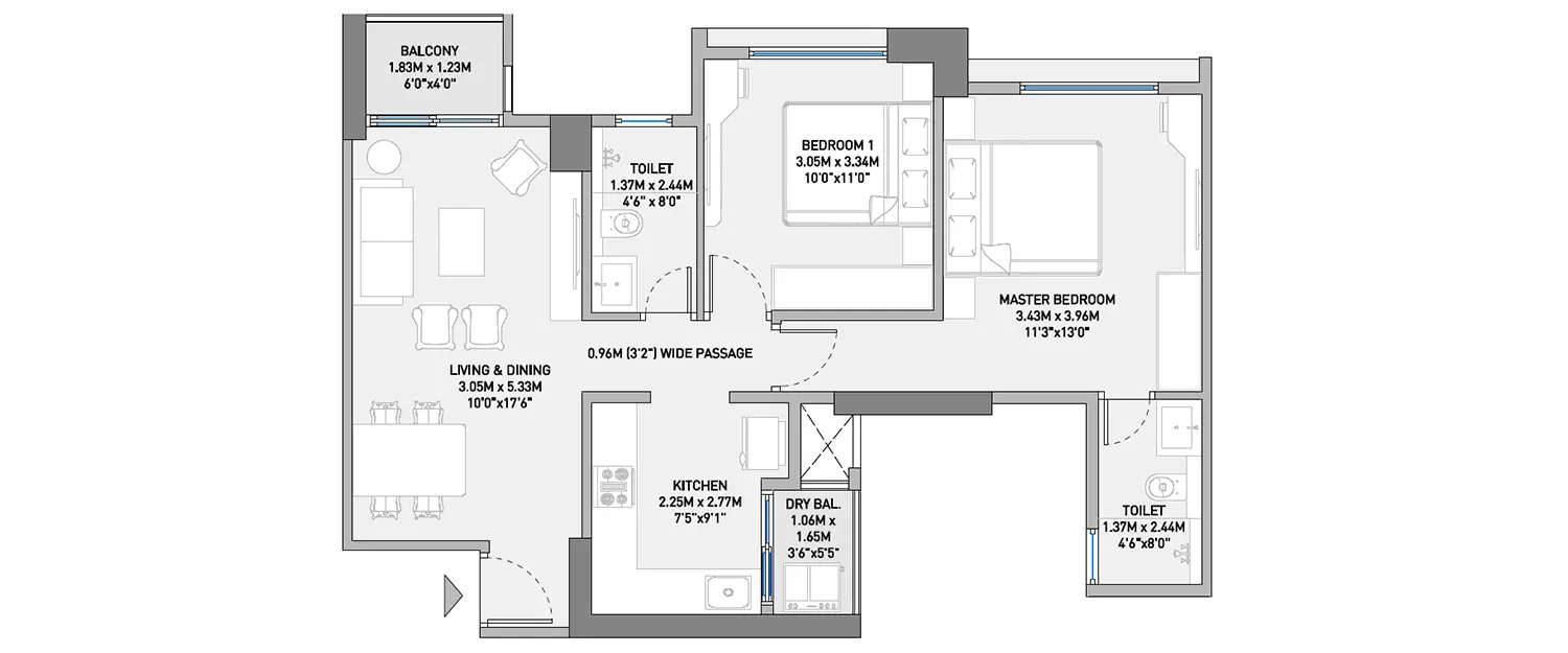 Floor plan for 2 BHK