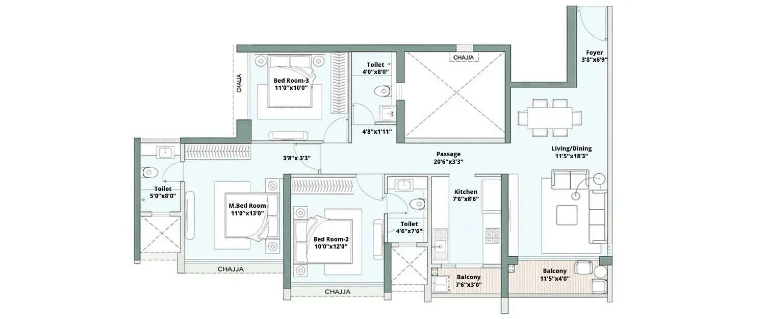 Floor plan for 3 BHK