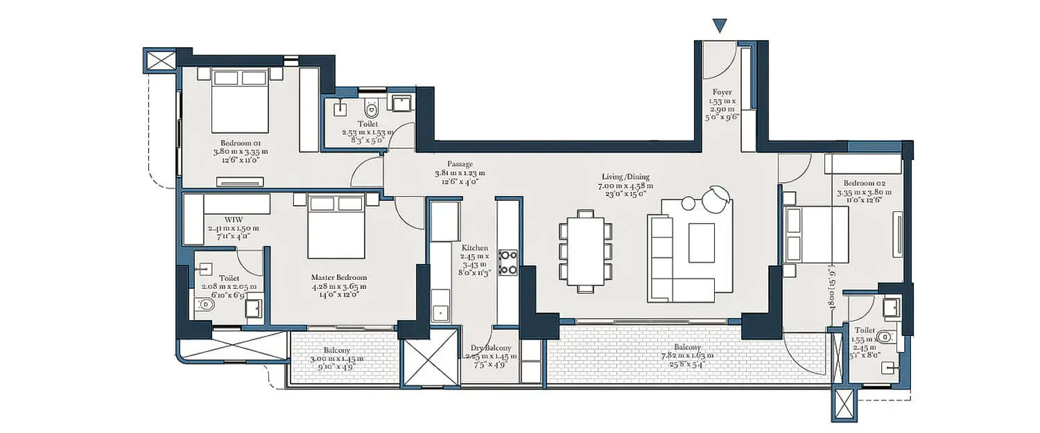 Floor plan for 3 BHK