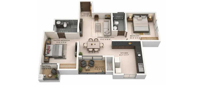 Provident Botanico Whitefield - Floor plan 2 BHK 1059 Sq.ft
