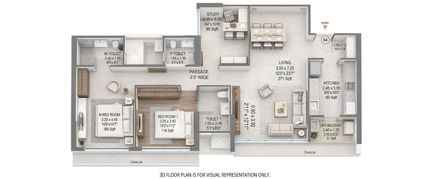 Floor plan for 3 BHK