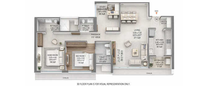 Godrej Vistas Vikhroli - Floor plan 3 BHK 985 Sq.ft