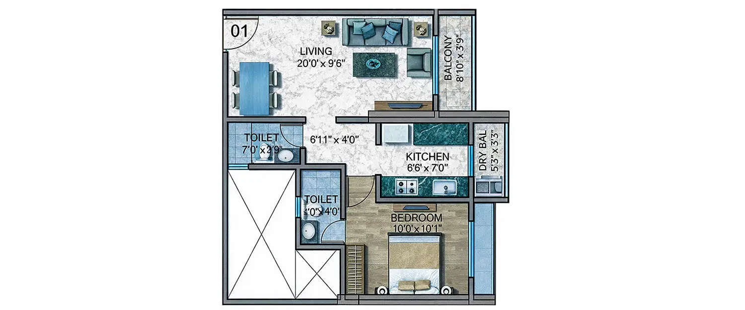 Floor plan for 1 BHK