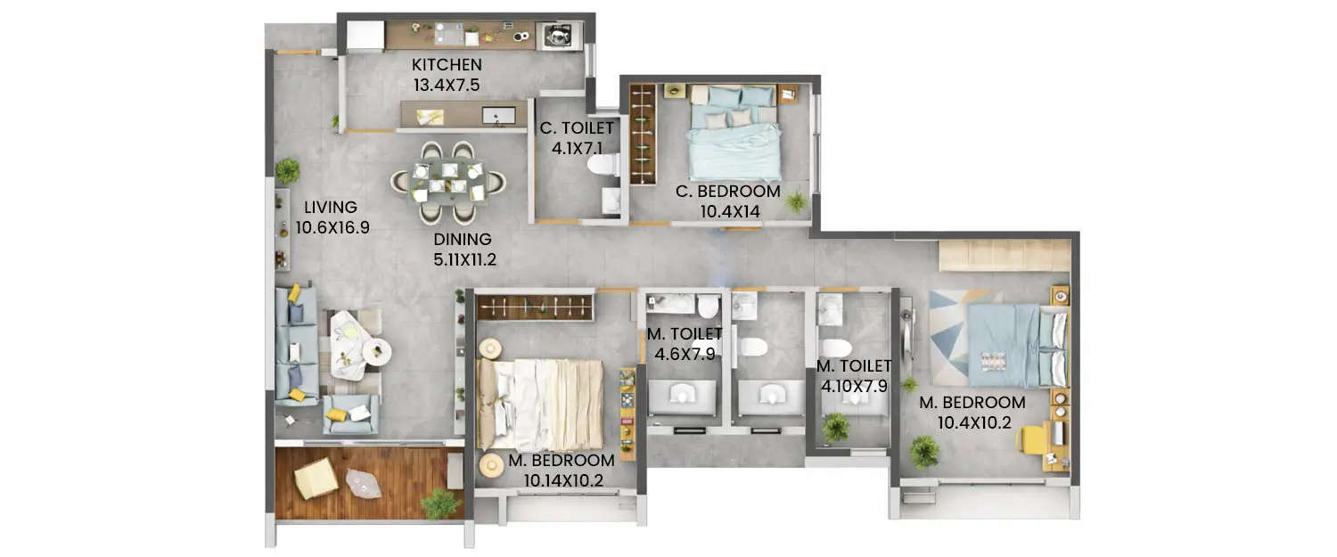 Floor plan for 3 BHK