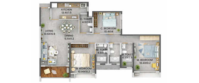 Dosti Eden Ghodbunder Road - Floor plan 3 BHK 963 Sq.ft