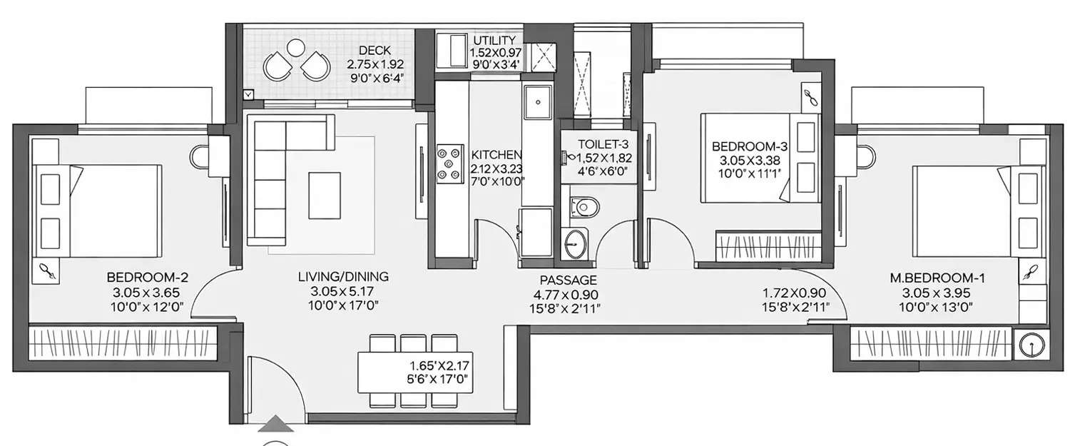 Floor plan for 3 BHK