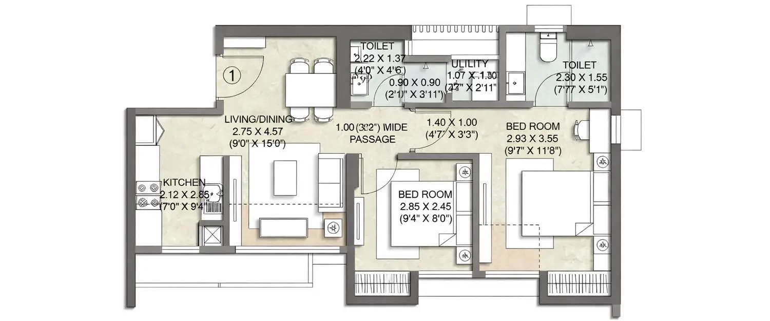 Floor plan for 2 BHK