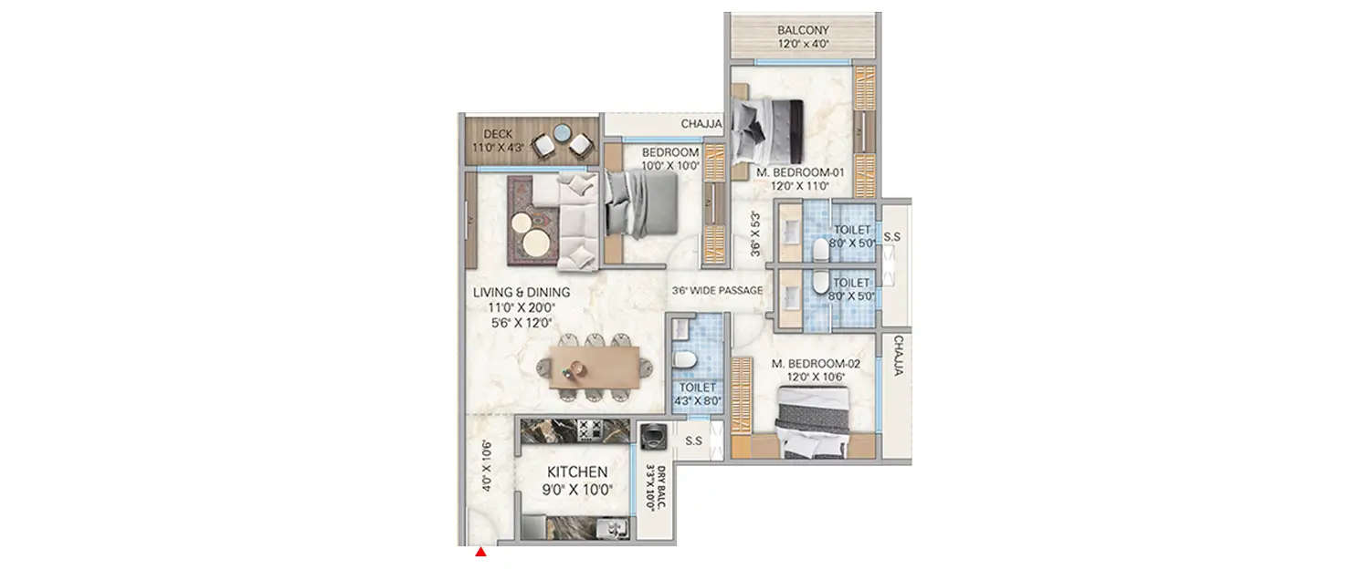 Floor plan for 3 BHK