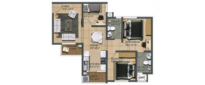 Shriram The Poem Jallahalli - Floor plan 2.5 BHK 1050 Sq.ft