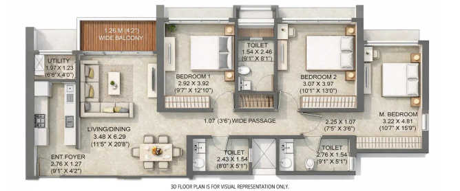 Kalpataru Elitus Mulund - Floor plan 3 BHK 1222 Sq.ft
