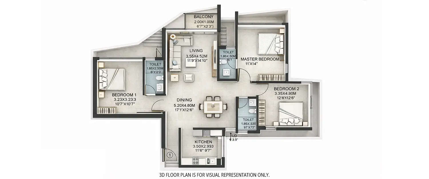 Floor plan for 3 BHK
