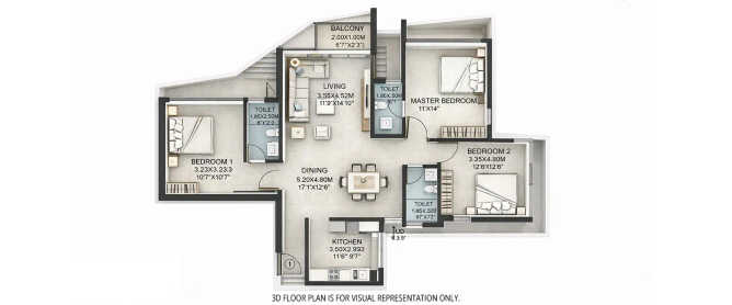 Suraj The Palette Dadar - Floor plan 3 BHK 1106 Sq.ft
