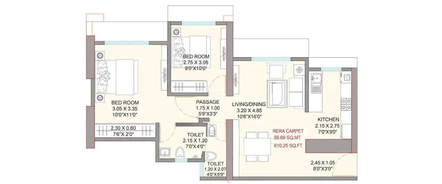 Floor plan for 2 BHK