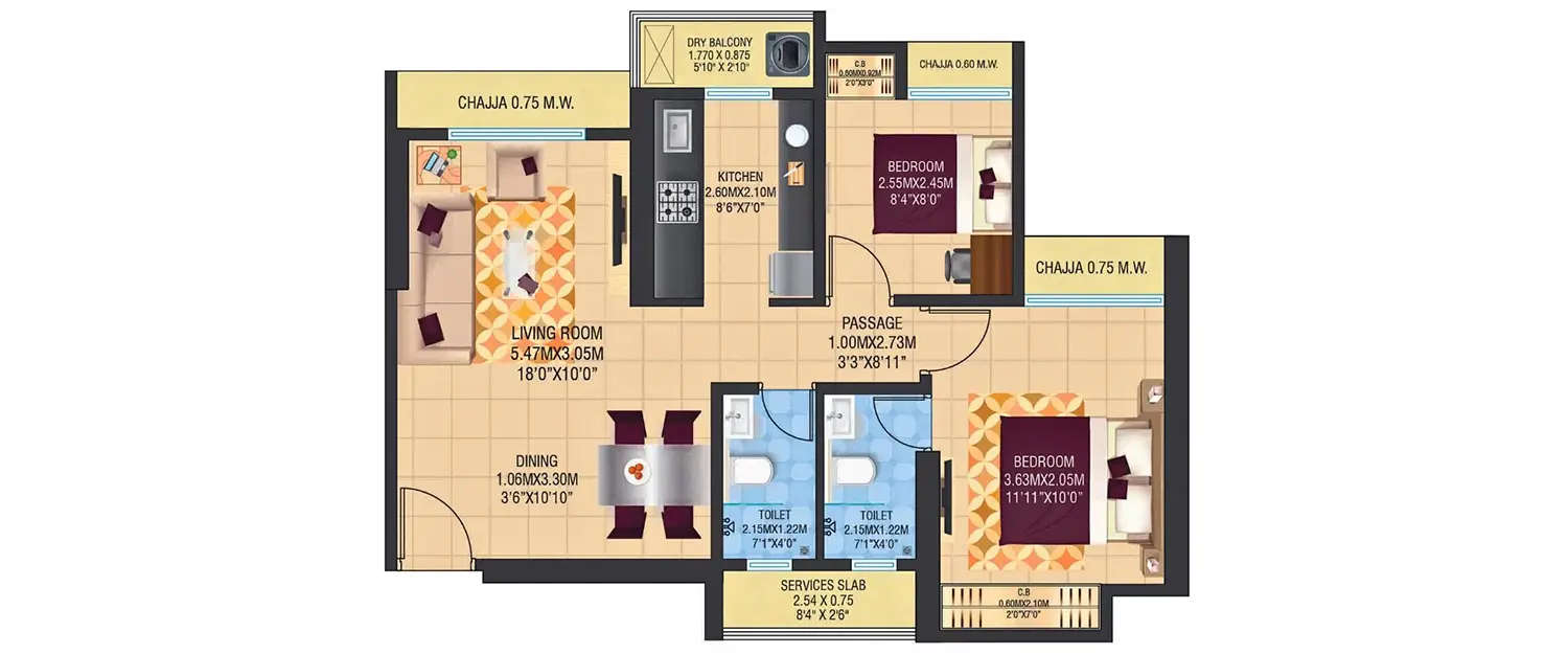 Floor plan for 2 BHK