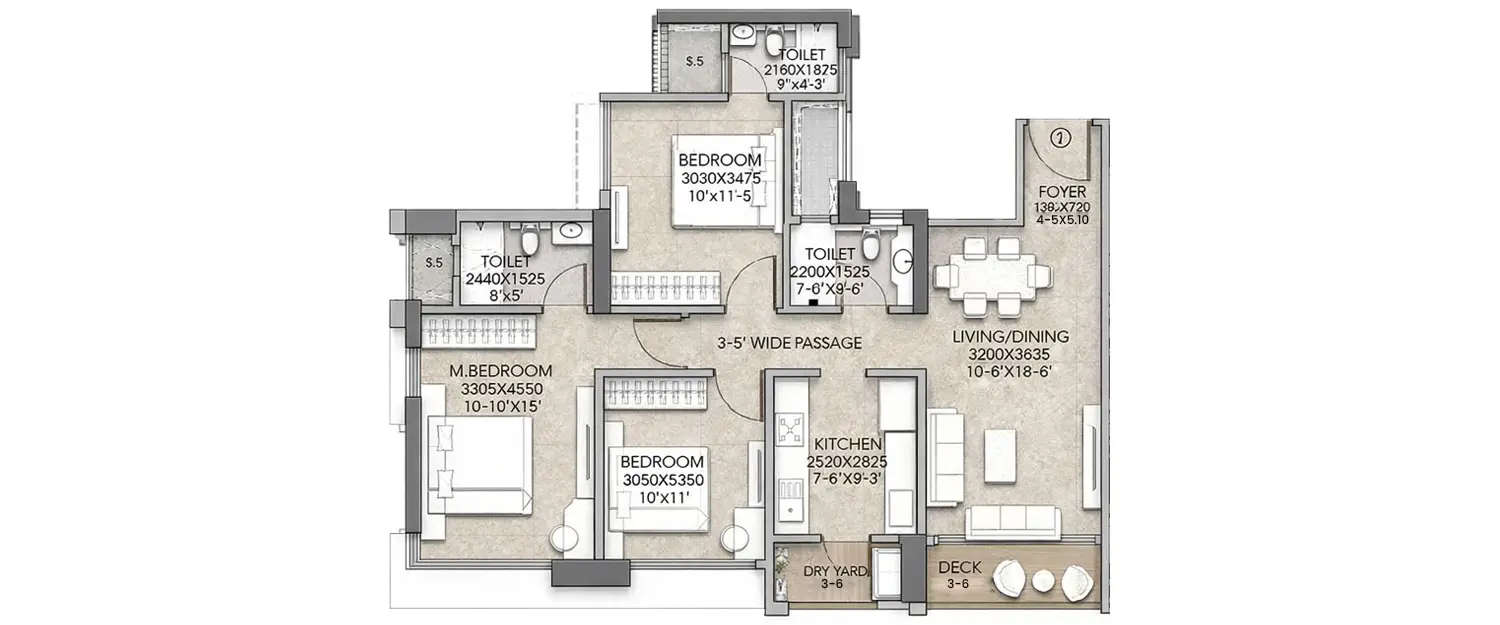Floor plan for 3 BHK