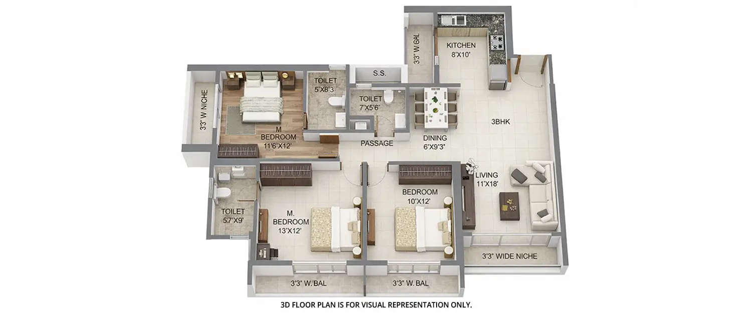 Floor plan for 3 BHK