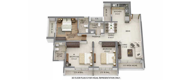 Sai World Empire Kharghar - Floor plan 3 BHK 1094 Sq.ft
