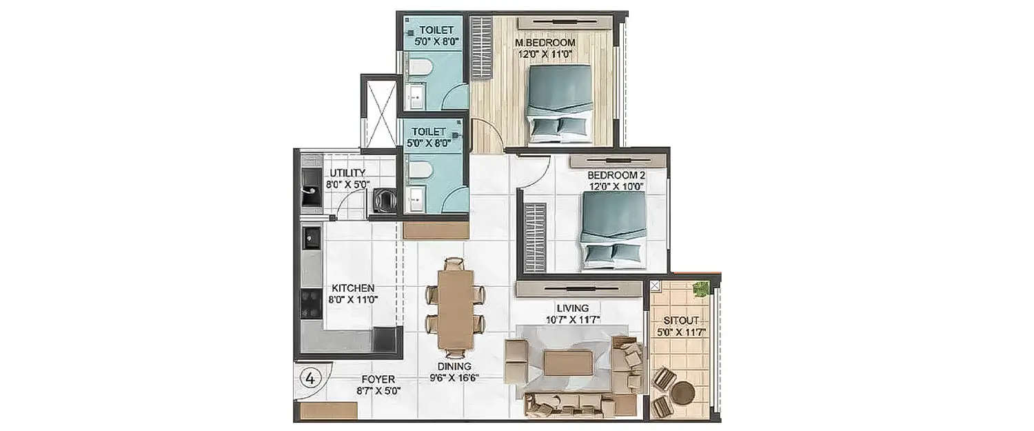 Floor plan for 2 BHK
