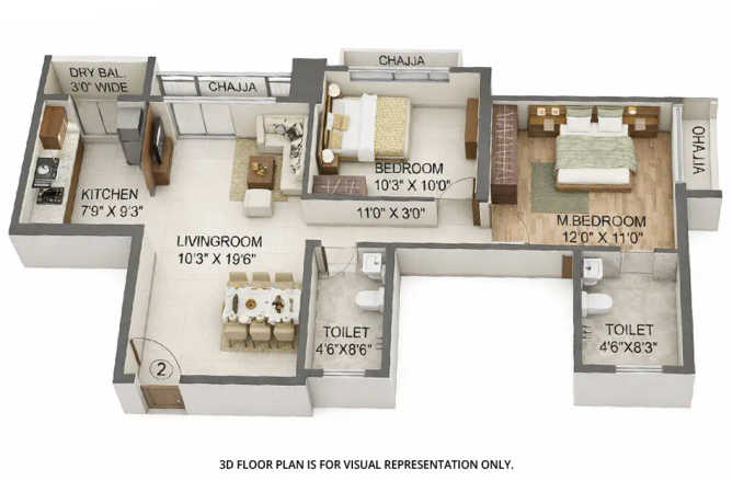 Paradise Sai Platinum Kharghar - Floor plan 2 BHK 574 Sq.ft