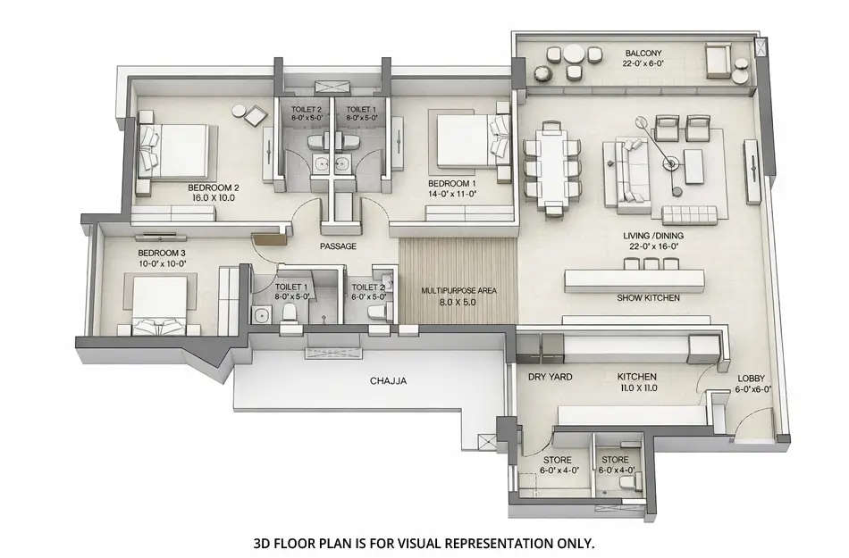 Floor plan for 3 BHK