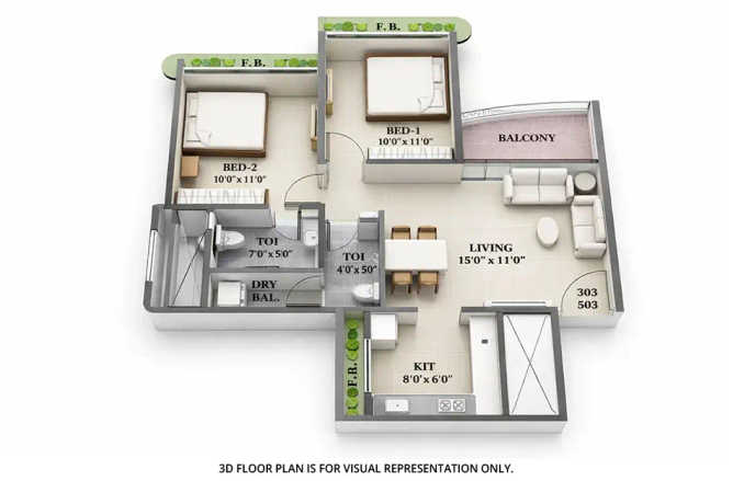 Tricity Palacio Seawoods - Floor plan 2 BHK 730 Sq.ft