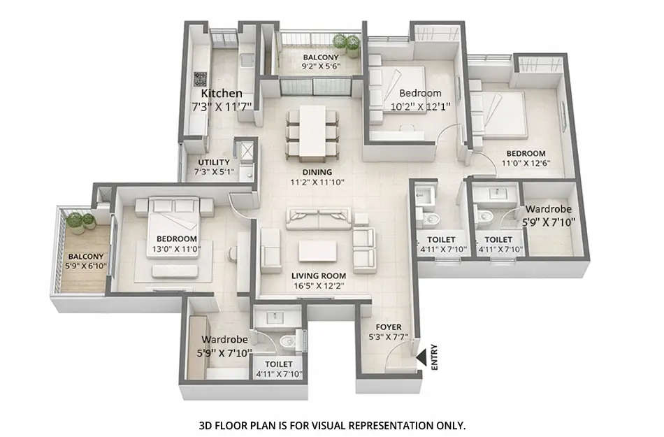 Floor plan for 3 BHK