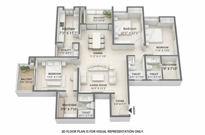 Assetz Canvas & Cove Begur - Floor plan 3 BHK 1825 Sq.ft