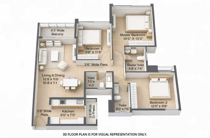 Sunteck Beach Residences Vasai - Floor plan 3 BHK 785 Sq.ft