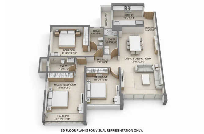 4th Avenue Sunteck City Goregaon - Floor plan 3 BHK 968 Sq.ft