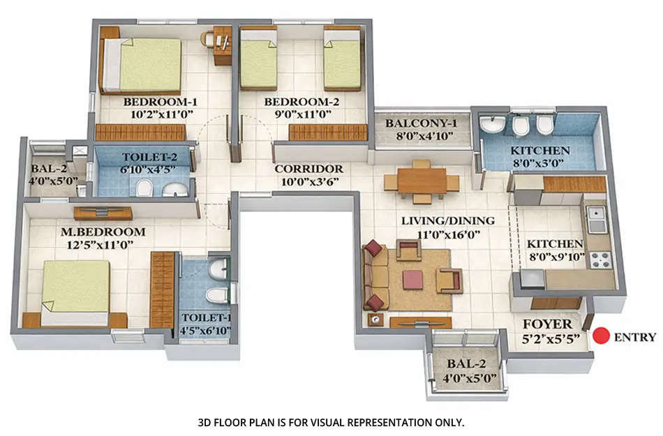Floor plan for 3 BHK