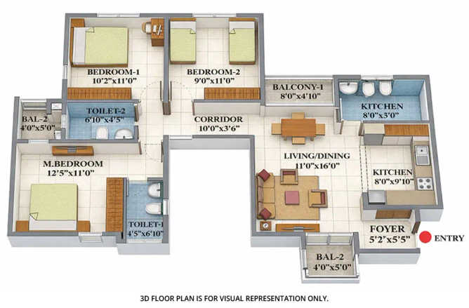 Shriram 122 West Mangadu - Floor plan 3 BHK 1285 Sq.ft