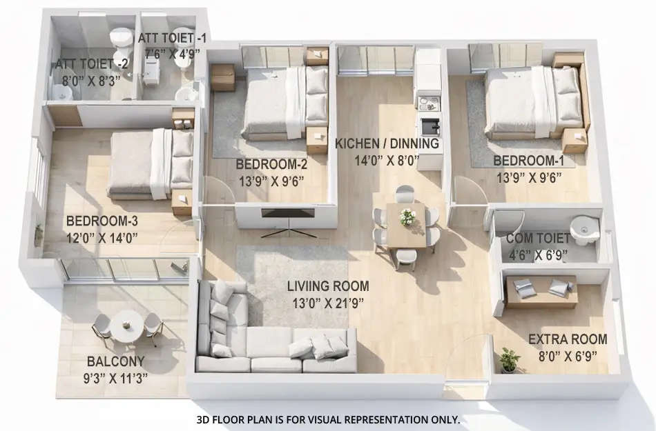 Floor plan for 3 BHK