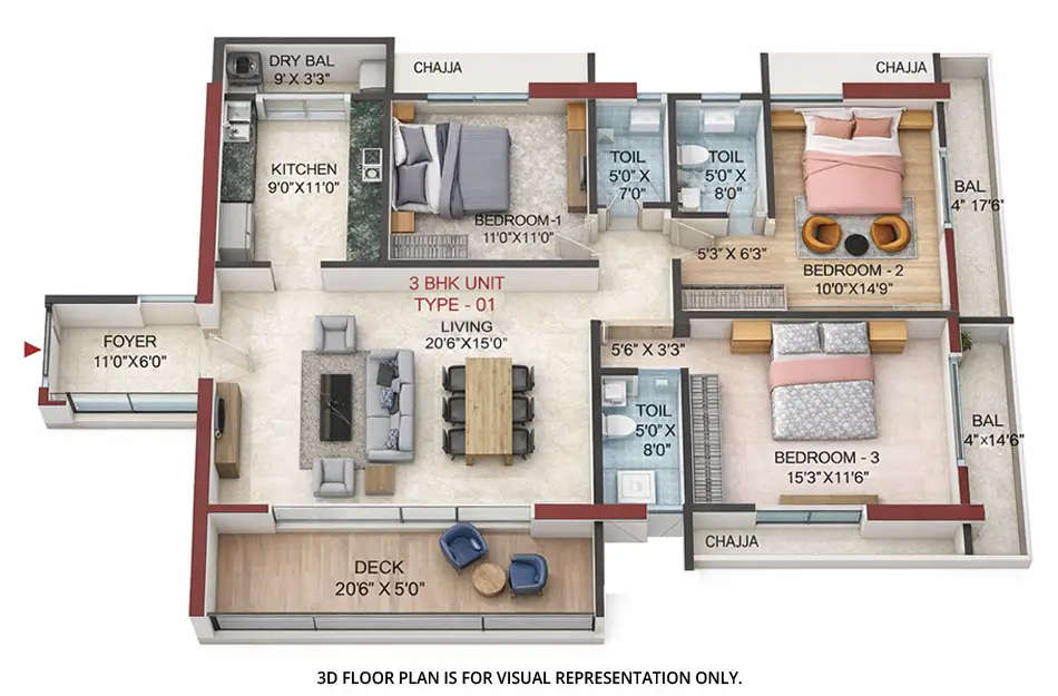 Floor plan for 3 BHK