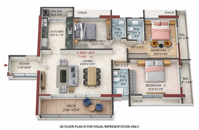 Sai World Pyramid Nerul - Floor plan 3 BHK 1230 Sq.ft